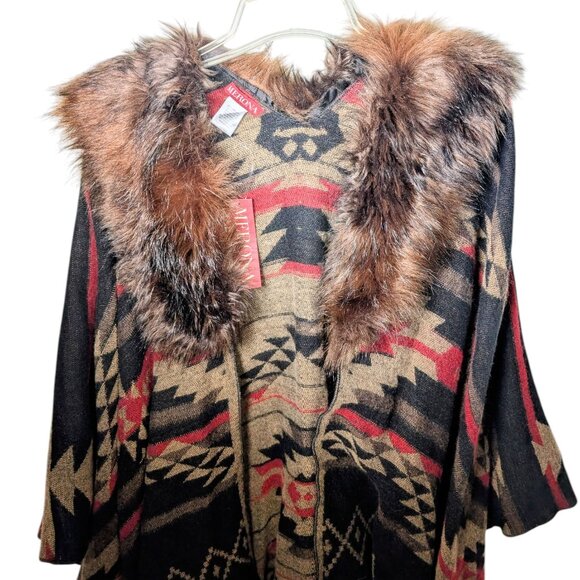 Merona Southwestern Poncho Wrap Shawl Faux Fur Collar One Size - Picture 3 of 9